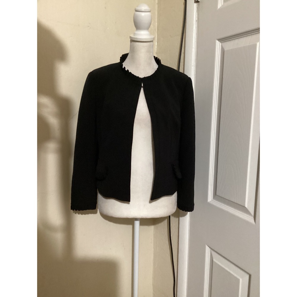 Ted Baker London Black Ruffle Trim Lace Lined Open Front Cropped Blazer Size 2